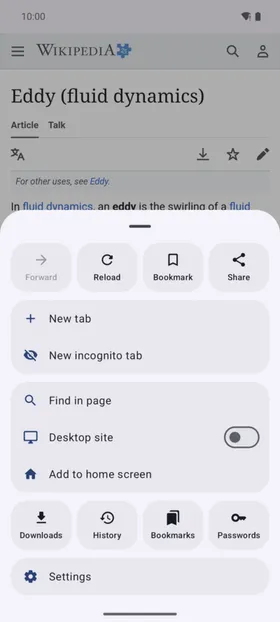The page menu open from the bottom bar